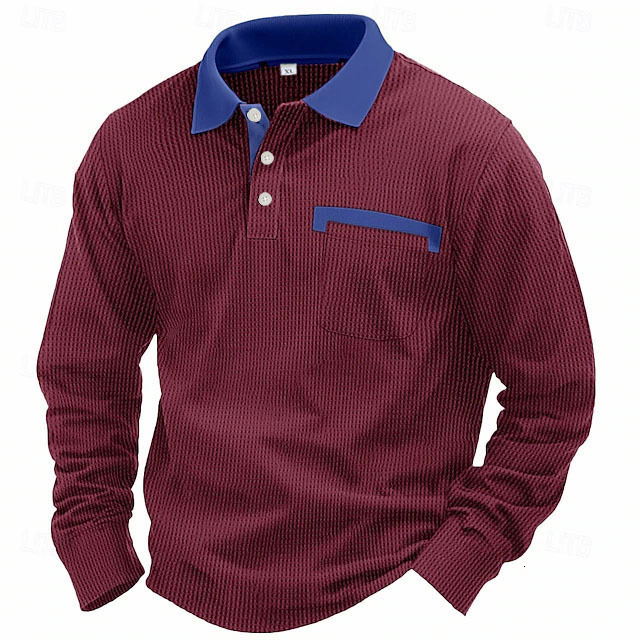 Fashion American Retro Loose Fit Autumn Long Sleeve Waffle Polo Shirt European and American Men's Turn-Down Collar T-Shirt Top