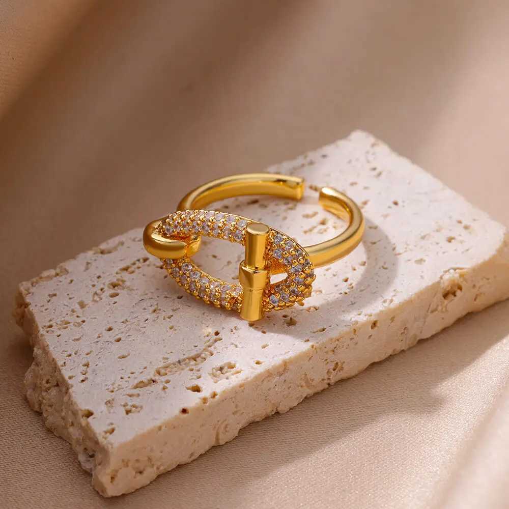 Stainless Steel Oval Hollow Zircon Open Rings For Women Gold Color Trendy Wedding Aesthetic Ring Summer Jewelry Accessories BFFW251030