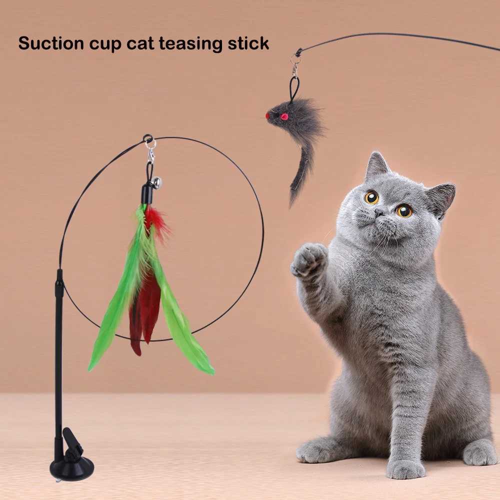 Funny Cat Toys Suction Cup Cat Teaser Stick Removable Handheld Cat Interactive Toy Mouse Feather Bell Pet Supplies S251029{category}