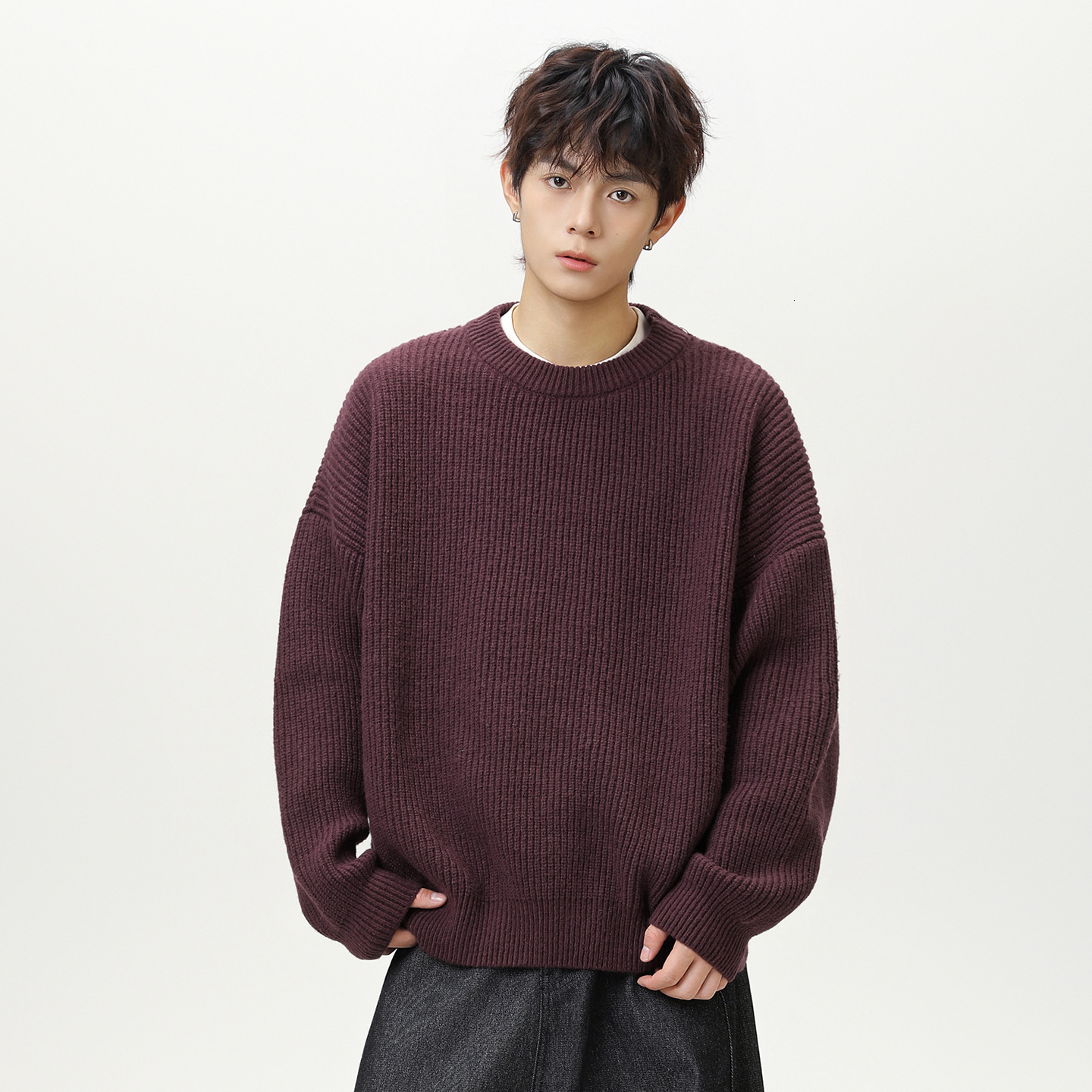 Solid Color Lazy Style Thick Knit Designer Sweater Round Neck Sweater Men Autumn Winter Trendy Brand Knitted Loose Casual Jacket