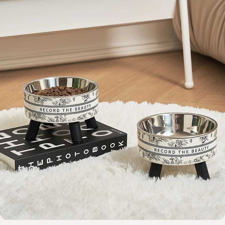 Pet highfoot bowl for cats and dogs stainless steel large capacity neck protection antislip and overturned pet bowl J251113