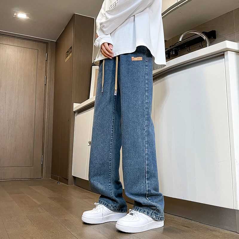 Branded Mens Baggy Jeans Classic Drawstring Loose Casual Straight Pants College Students Daily Versatile Blue Pants J251030