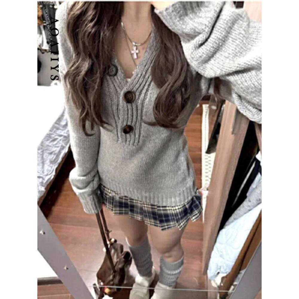 Aoaiiys Sweater Women Gray Long Sleeve Knitted Jumpers Spice Girls Slim Pullover Autumn Winter New Comfortable Casual Sweaters Designer Sweater Women 