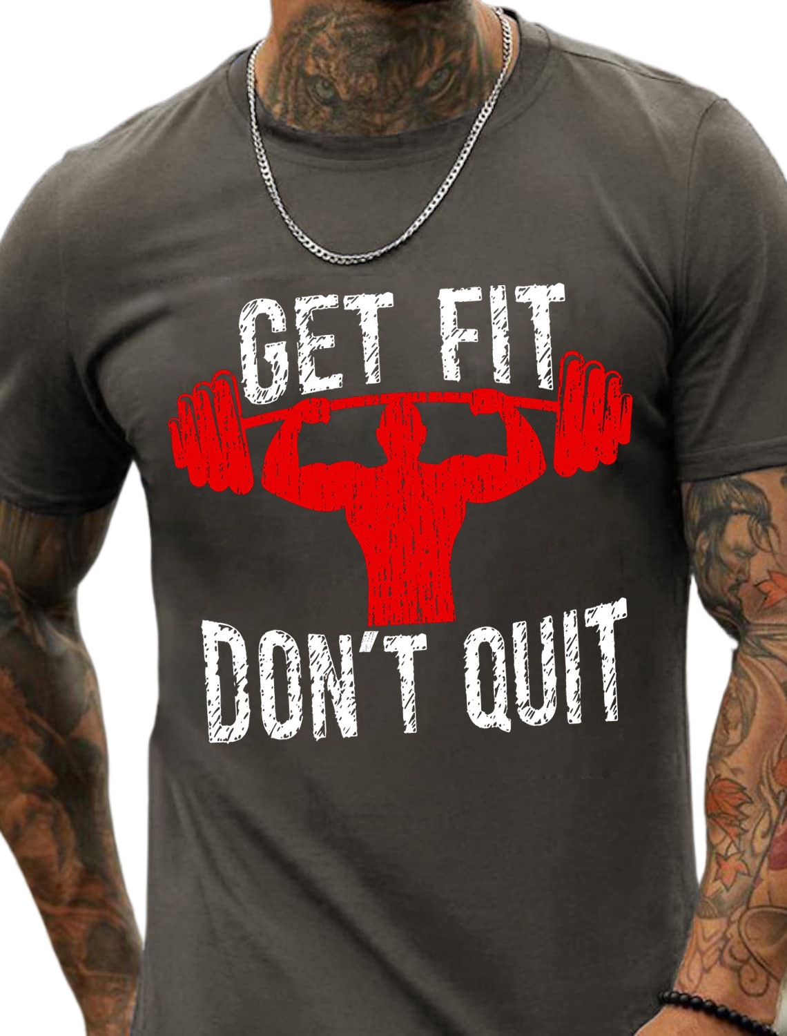 European & American Oversized Fit GET FIT DON'T QUIT Letter Print Men's Cotton Short-Sleeve T-Shirt - TT7063