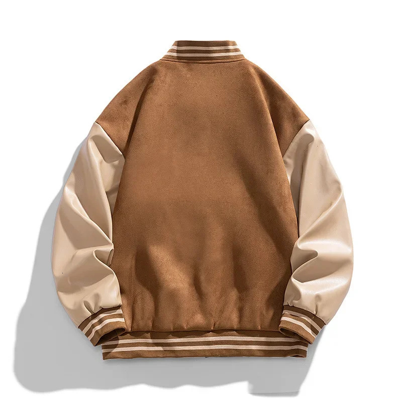 American Retro Suede Baseball Jacket Mens Spring Autumn Casual Leather Sleeve Outerwear JK819 Public Version Couples Style 251028
