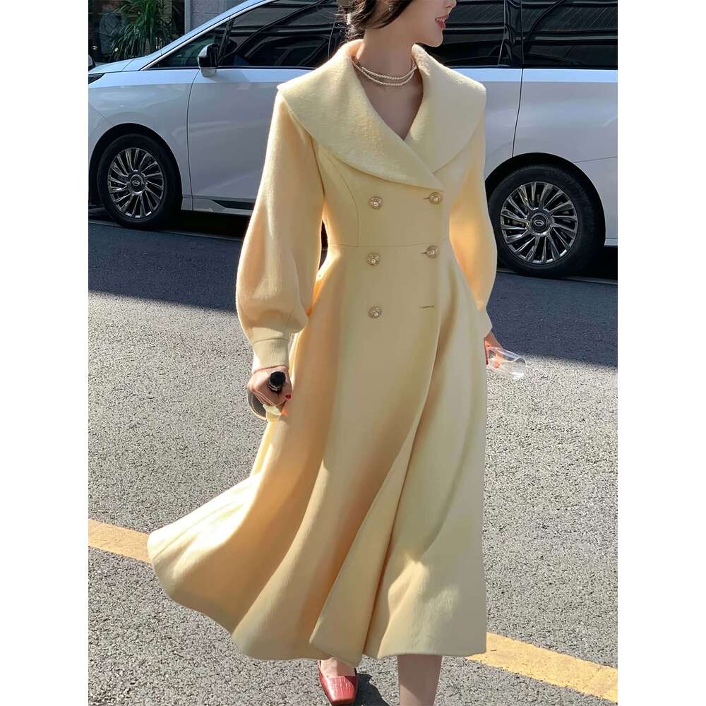 Women S Elegant Mustard Yellow Tweed Double Breasted Coat Long Winter Jacket With Like Buttons Structured Collar A Line Silhouette Hine Washable