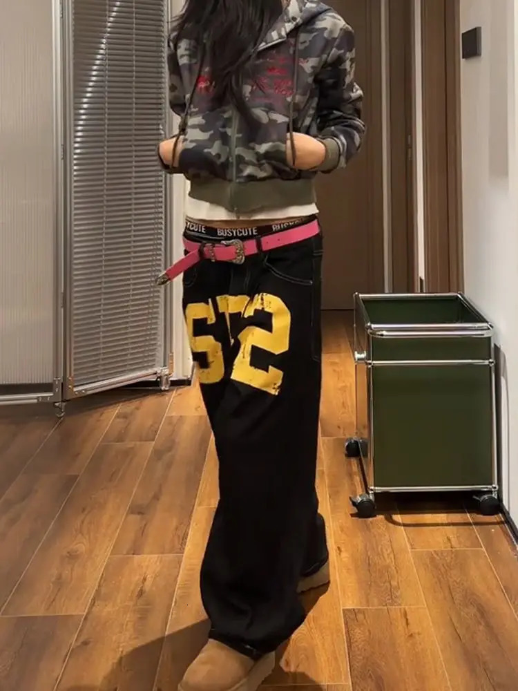 Letter Printed Baggy Jeans Women Clothing Street Fashion Hip Hop Retro High Waisted Jeans Woman Casual Wide Leg Jeans Y2k Pants 251029