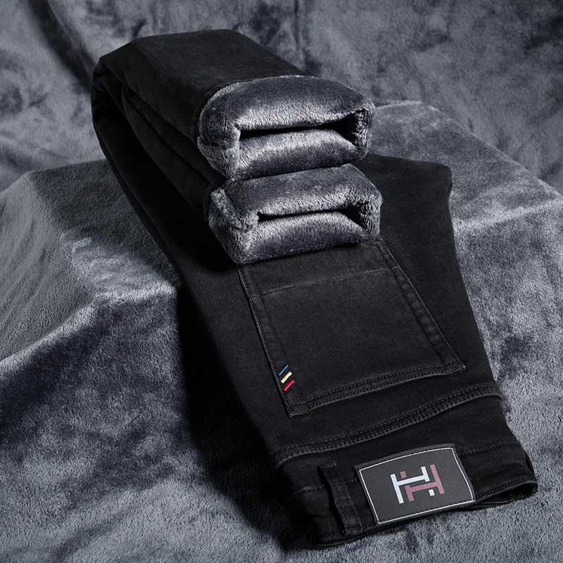 Winter Thickened Warm Male Plush Trousers Brand Clothes Mens Fleece Jeans Straight Slim Stretch Fashion Business Denim Pants J251030