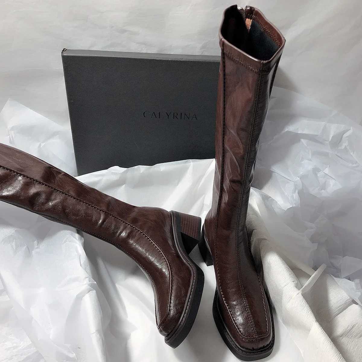 Autumn Winter New Highheeled Womens Boots Square Toe Elastic Boots Thick Heel Knee High Boots Z251029