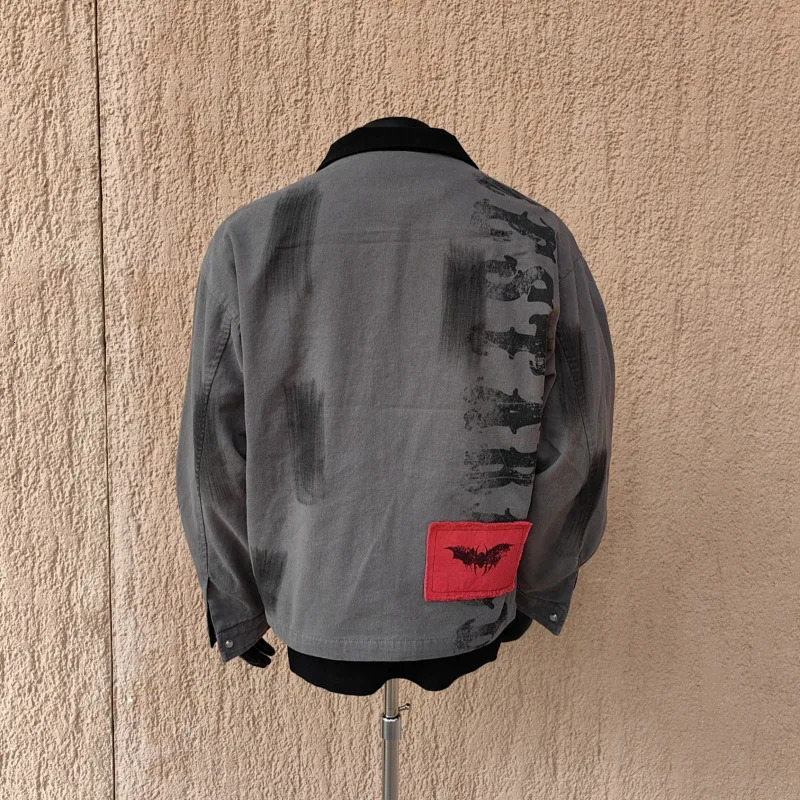 MWJLPWQ Trendy Patch Spliced Workwear Jacket Men Printed Niched Autumn Street Style Couple Laple Zipper Coat 11150 251023