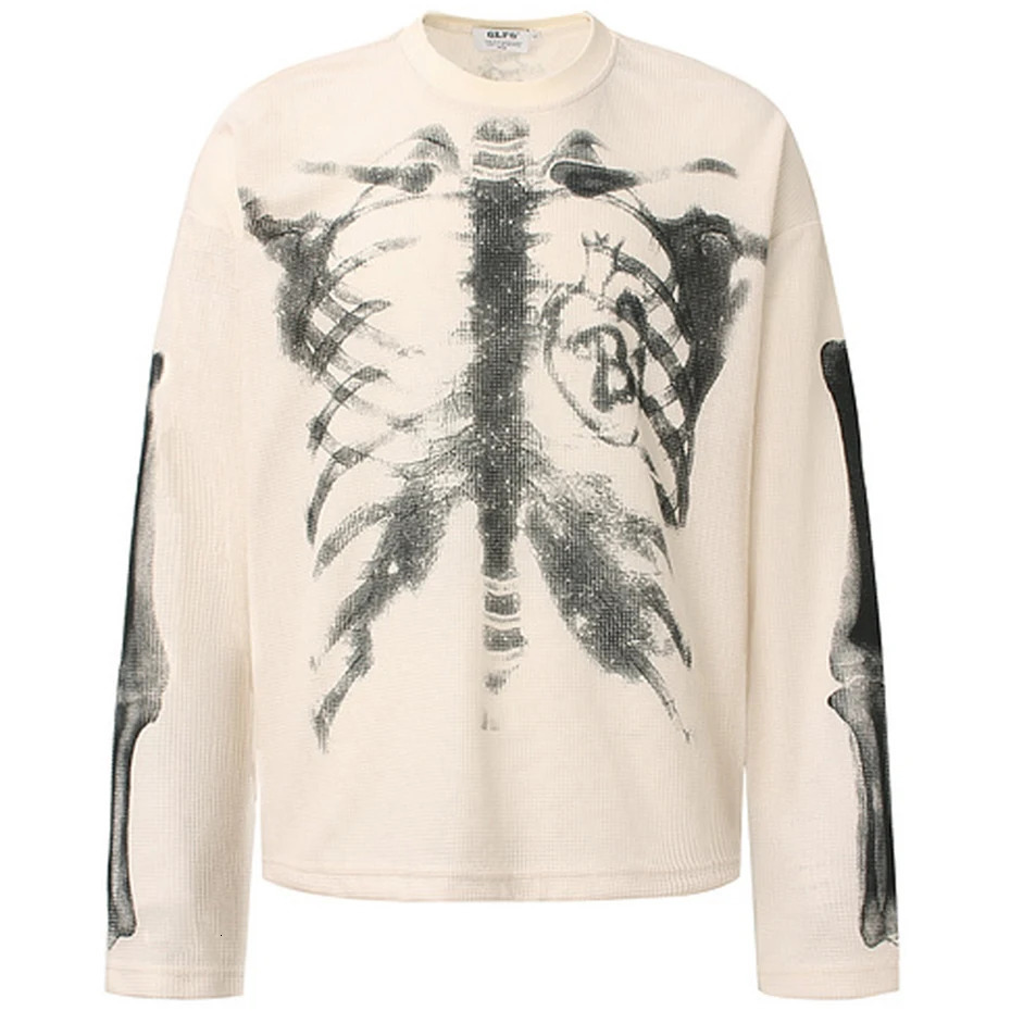 Skeleton Graphic Tshirts Men Streetwear Harajuku Hip Hop Oversized T Shirts Long Sleeve Tee Tops Black Beige 251028