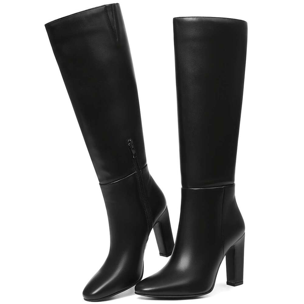 Norhea Women Mid-Calf Boots Chunky High Heel Side Zipper Round Toe Shoes PU Elegant Comfort Dress Party Booties