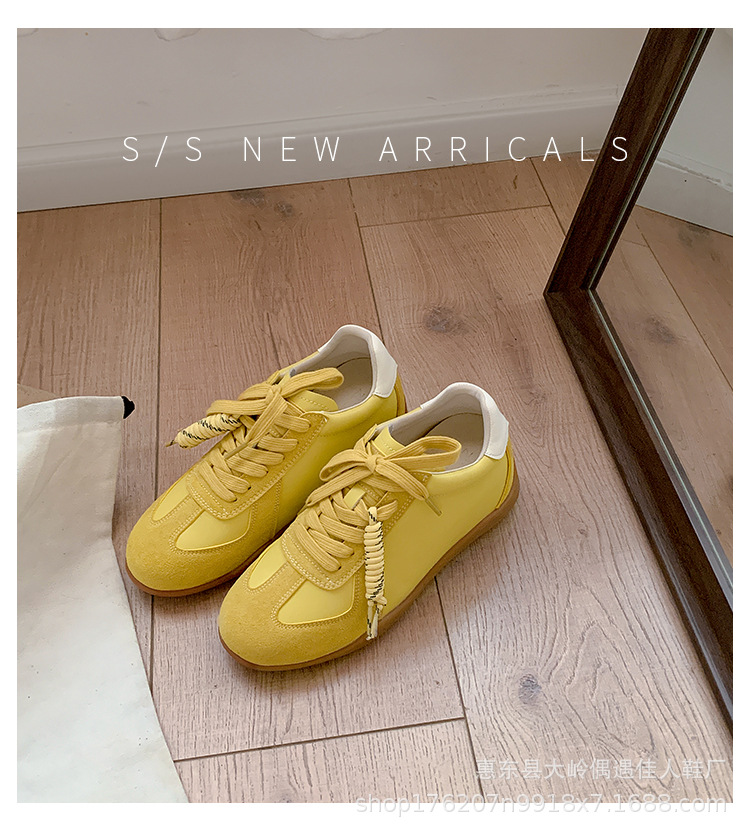 Cowhide lace-up color-blocking round toe versatile casual sneakers women's leather board shoes to increase height training shoes2025