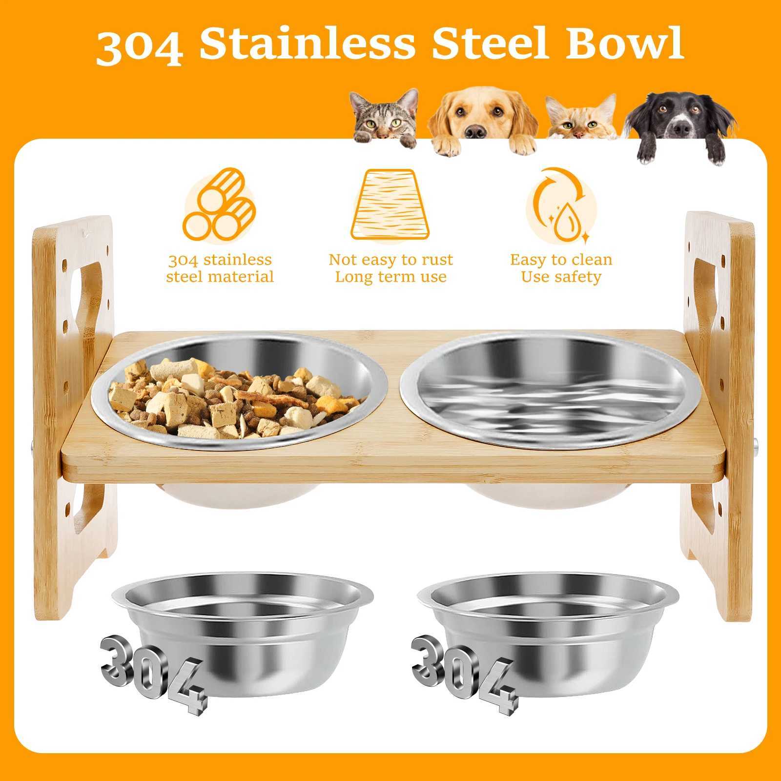Elevated Dog Bowls Wood Tilted Adjustable Dogs Feeder Stand with Stainless Steel Food Bowls for Your Cat and Dog Pet Accessories J251113