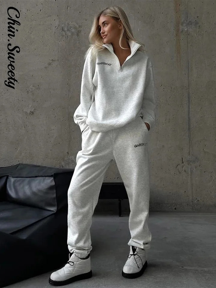 Fashion Womens Tracksuit Zipper Cotton Oversize White Casual Classic Sports Trouser Suits Spring Summer 2 Piece Set Women 251029