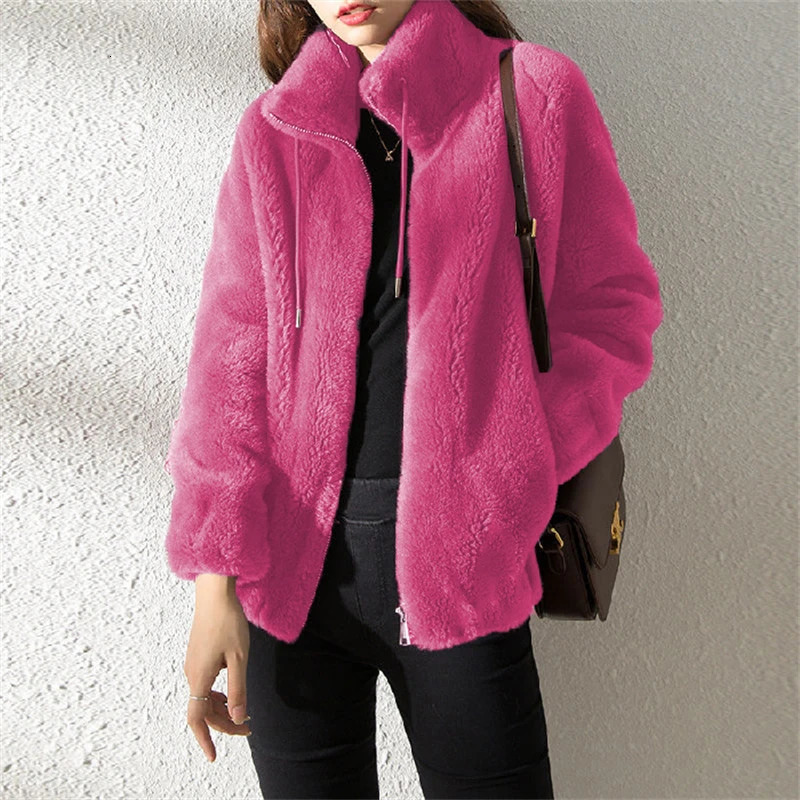 Female Winter Jacket Thickened Doublesided Velvet Standup Collar Warm Retro Style Elegant Short Womens Cardigan Clothes 251028