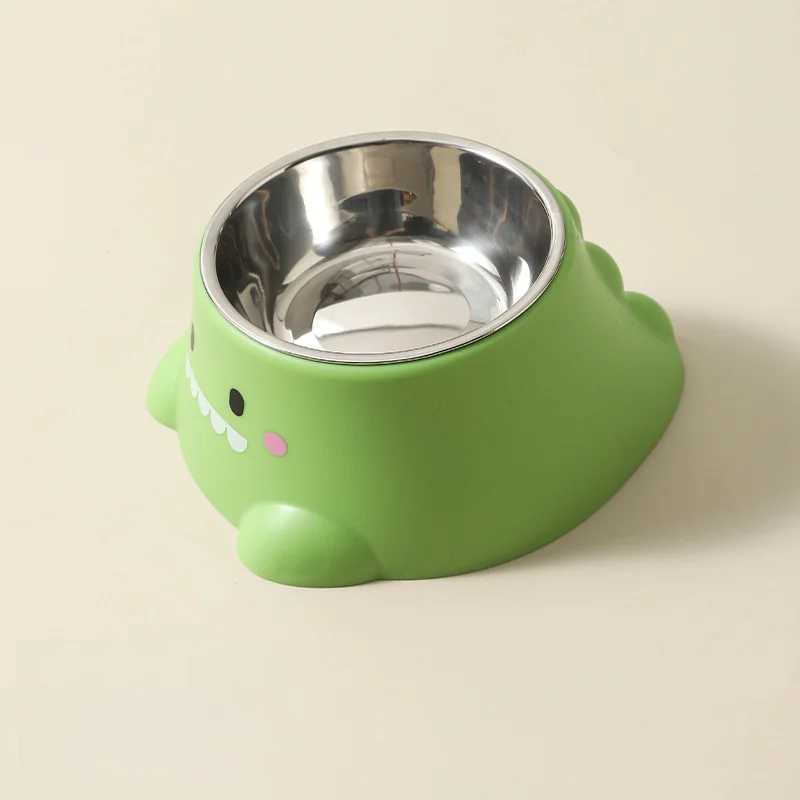 Cartoon Dinosaur 15 Tilted Pet Bowl Elevated Stainless Steel Dish with Neck Support Fun Cute Feeder for Cats Puppy J251113