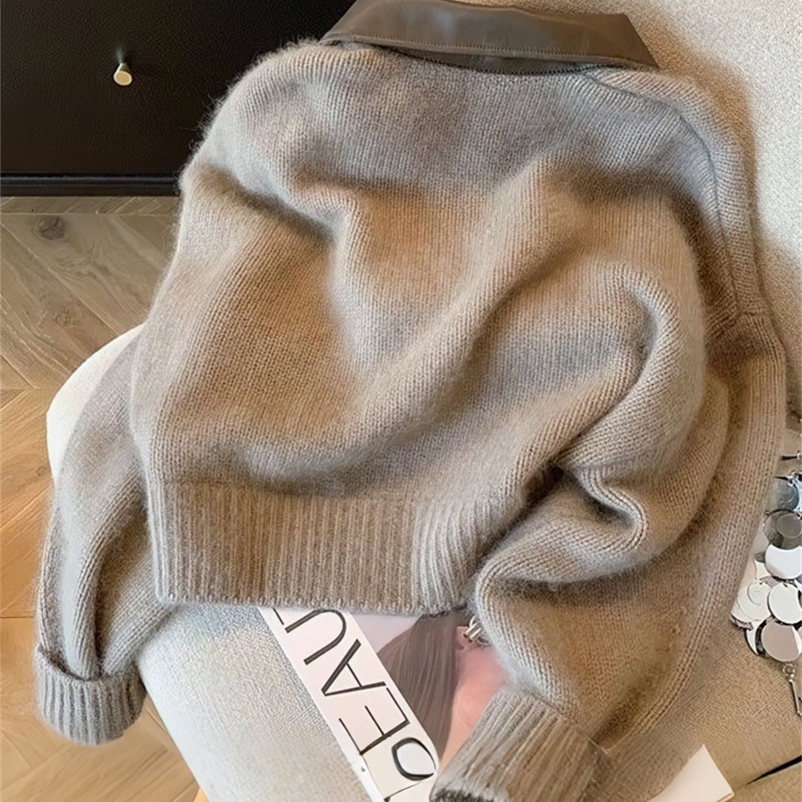 Patchwork Zipper Cropped Cardigan Women 400g Thick Autumn Knitted Sweater Bomber Jacket Short Fitted Knitwear Coat 251029