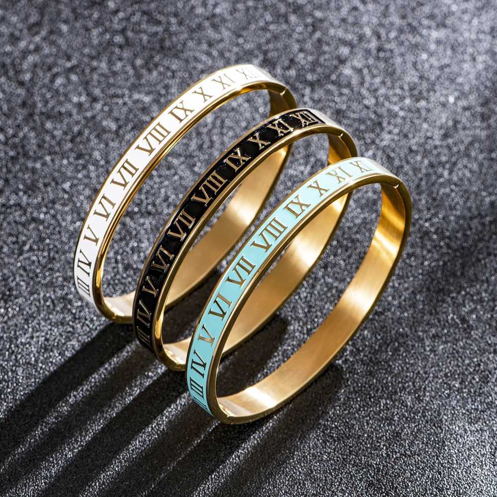 New Design Cuff Bangle StainlESS Steel Enamel Carving Roman Numeral Couple Roman Bangle For Men Women JewelryW251030