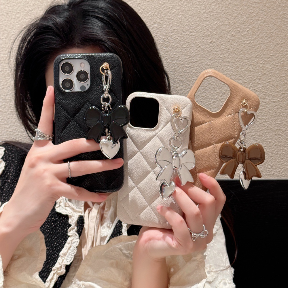 Bowknot Heart Pendant Solid Color Quilted Pattern Phone Case Compatible with iPhone 17/16 Pro 15 Simple
