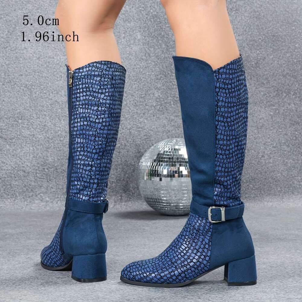 Women's Elegant Navy Blue Knee-High Boots With Thick Heel, Side Zipper Round Toe - All-Season Faux Cover/Fabric Upper, Plush Lining & TPU Sole Fo