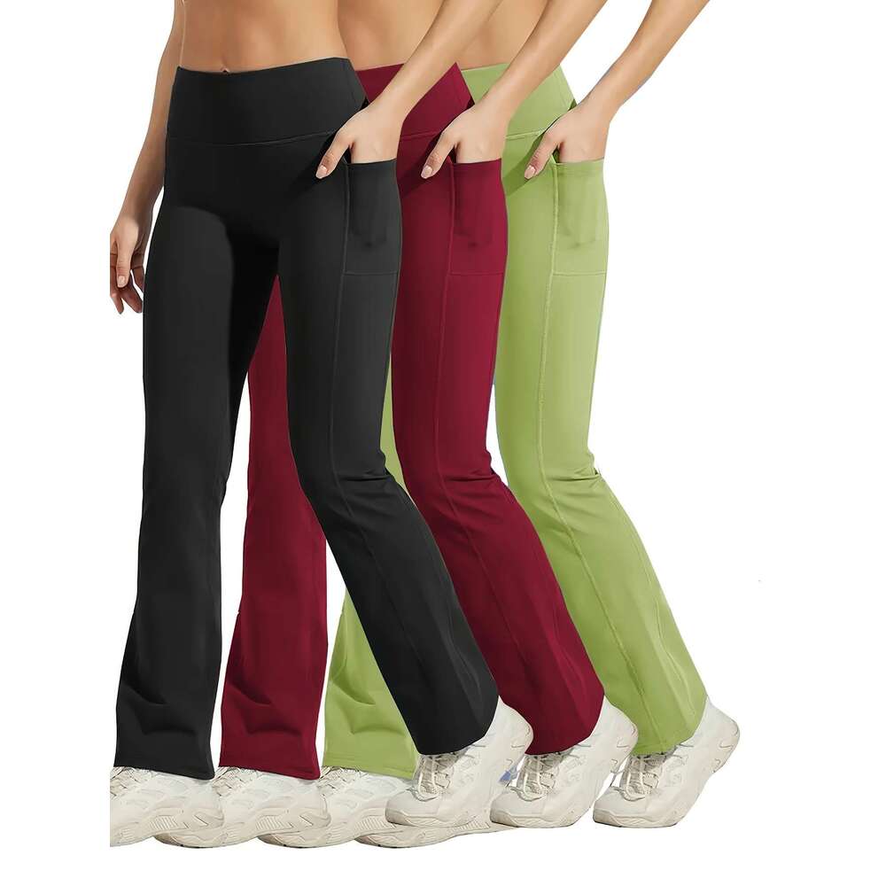 3pcs Women's Plus Size High-Waisted Booty Lift Flared Yoga Pants with Phone Pockets - Full-Length Trousers, Tummy Control Butt Lifting Design, Al