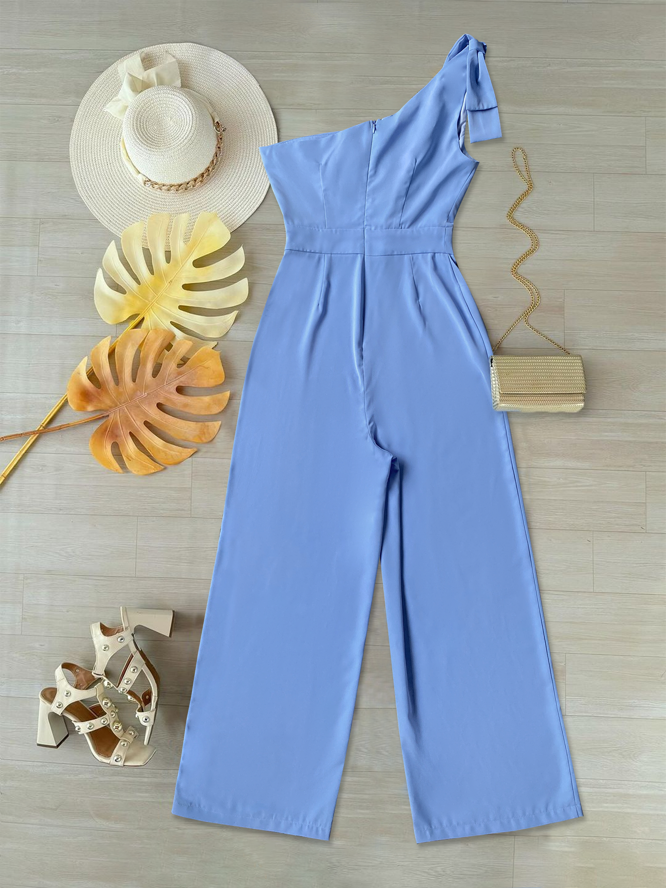 One Shoulder Womens Polyester Jumpsuit - Black/Bright Steel Blue with Comfortable Fit--1762