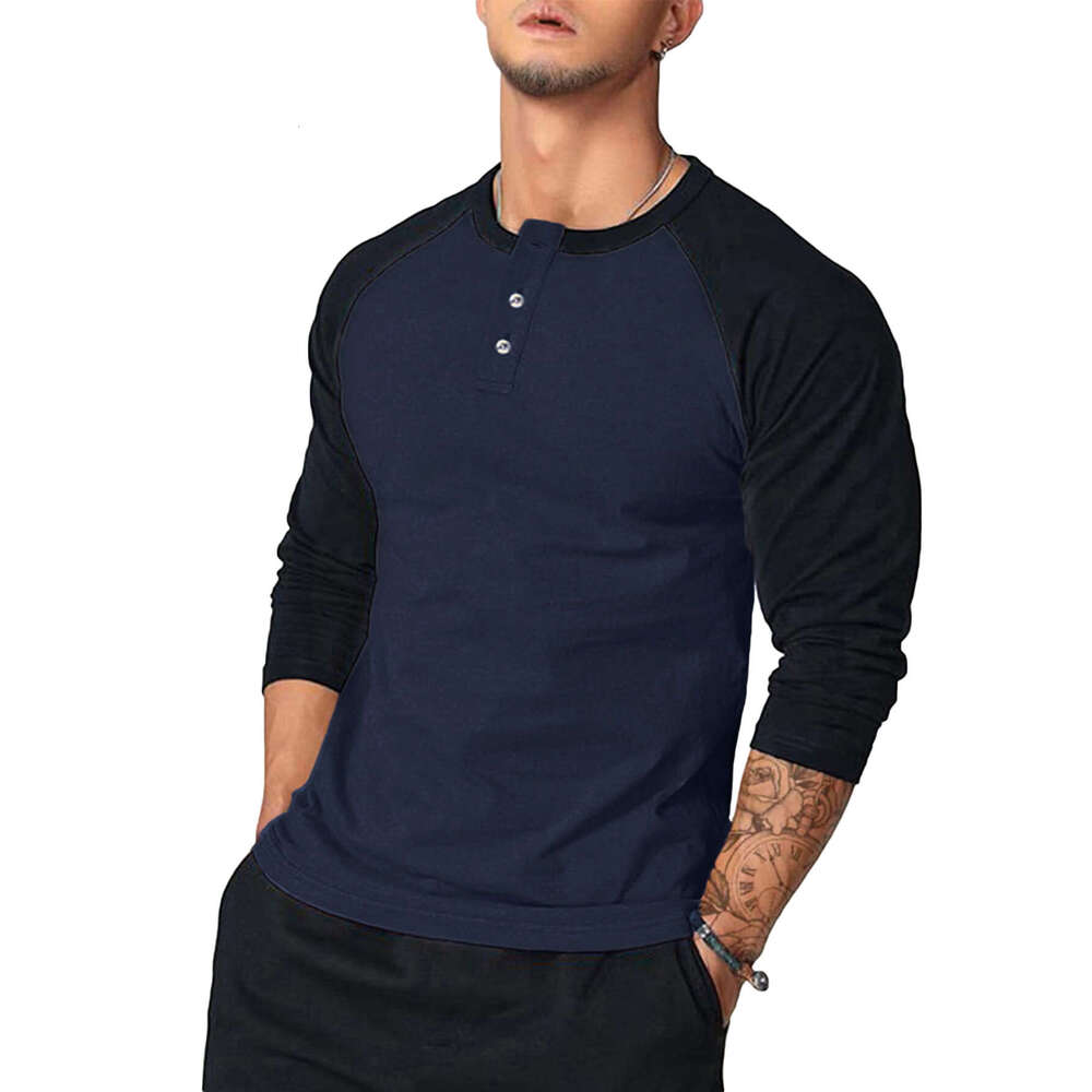 Ouma New Slim Fit Round Neck Long Sleeve T-Shirt with Arm Color Blocking Personality Style Casual Base Shirt for Men