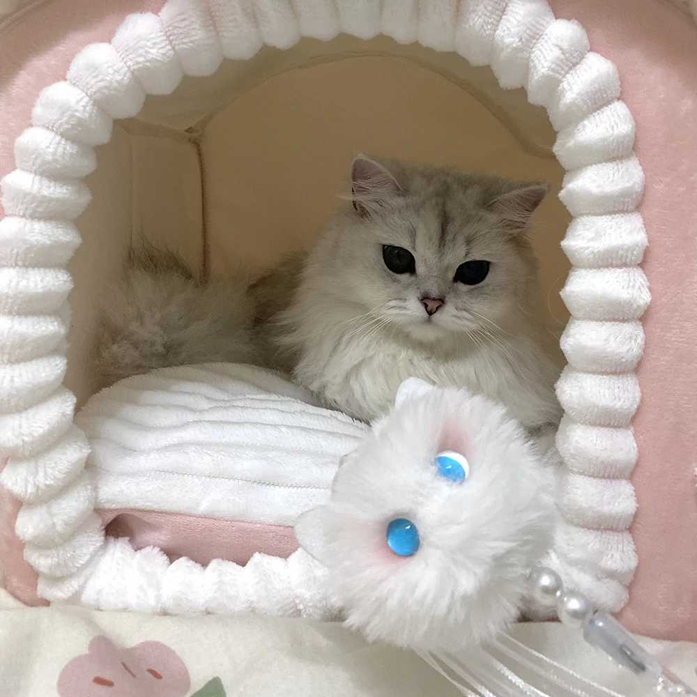 Funny Interactive Cat Toys Kawaii Plush White Tassel Bell Cat Stick Toys for Kitten Playing Teaser Ribbon Wand Toys Cat Supplies S251029{category}