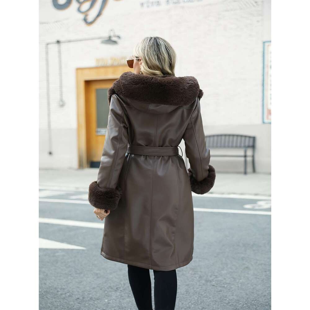 Elegant Fur Coat Warm Brown Women S Elegant Faux Fur Trimmed PU Leather Hooded Coat Long Winter Jacket With Belt Casual Fall Winter Outerwear