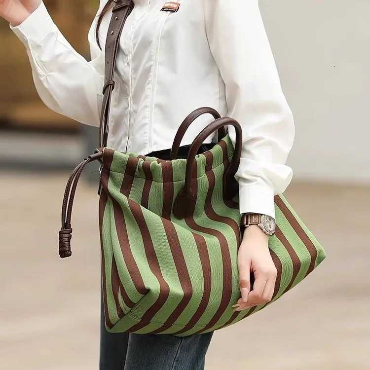 Designer bag 2025 Wen Mixed Striped Canvas Bag Large Capacity Totes Handbag Wide Strap Crossbody Bag Casual Shopping Shoder Bags Y251029