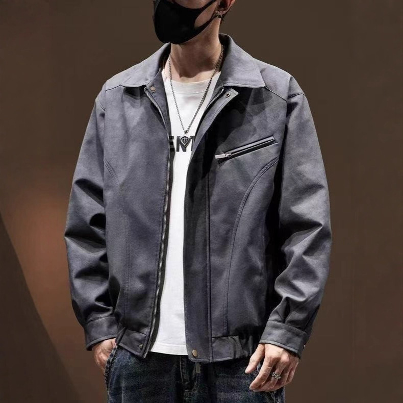 American Style Batik Workwear Leather Jacket Designer Jacket Men's Motorcycle Style Loose Trendy Brand Turn-down Collar Coat Men