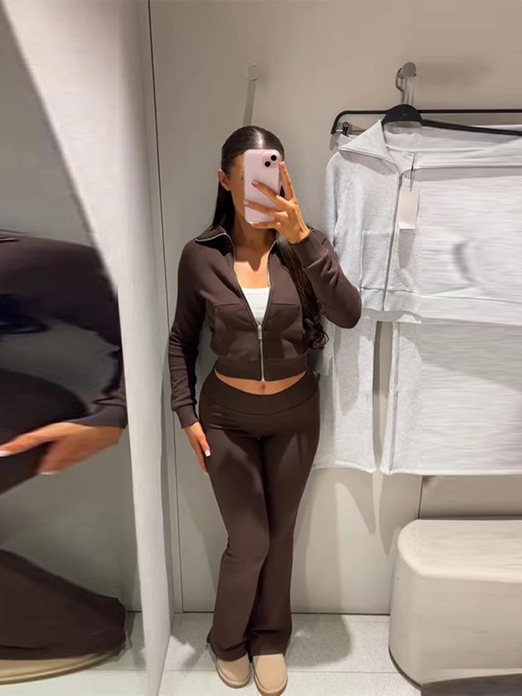 2 Piece Set Tracksuit For Woman Flared Pants Zip Coats Lapel Collar Outwear Autumn Trousers Casual Tops Daily Outwear Clothes 251029