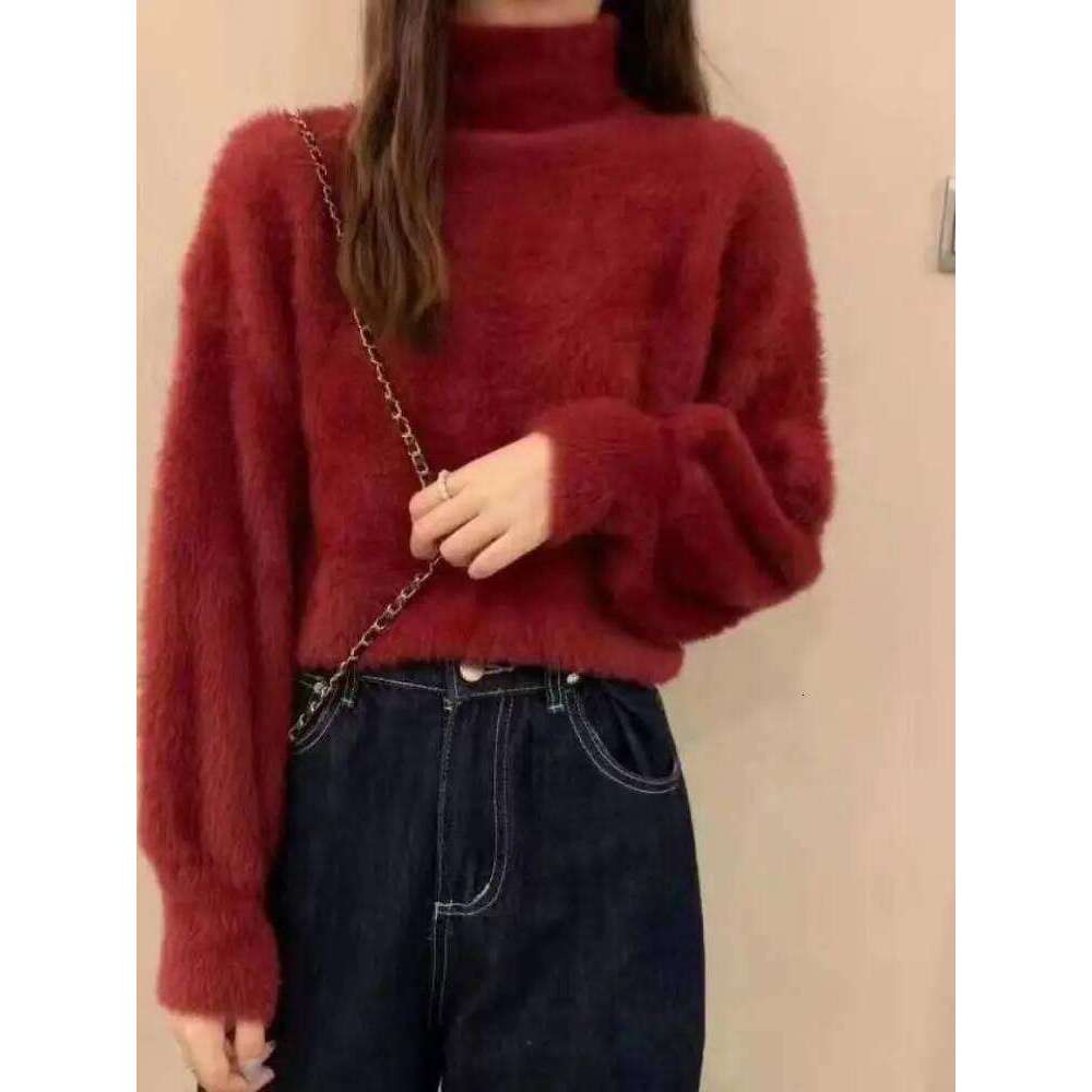 2025 Winter Imitate Mink Wool Hot Fleecing Female Turtleneck Elastic Casual Sweater Women Knitted Tops Pullovers Soft Warm Designer Sweater Women Bear