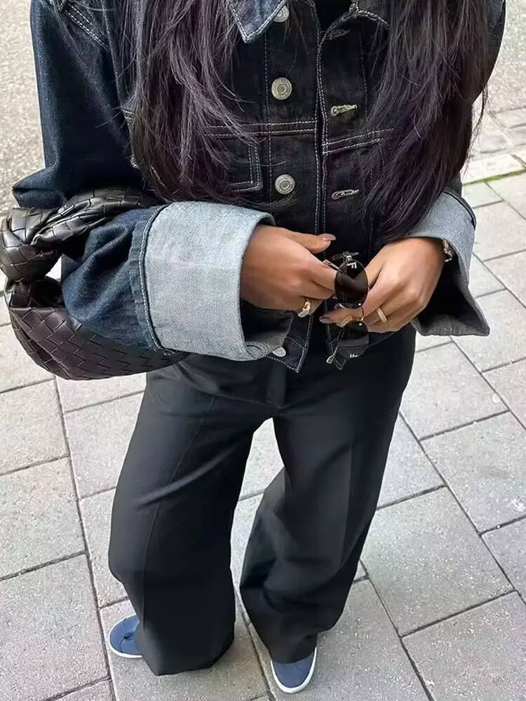 winter jacket women HH Autumn Female Vintage Denim Suit Long Sleeve Single Breasted Lapel Coat+High Waist Wide Leg Jeans Street Fashion Set