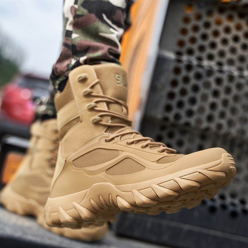 Designer Men's Shoes Outdoor Luxury Hiking Boots High-top Tactical Special Forces Military Boots Winter Warm Sneakers Work Safety Shoes Black Kha
