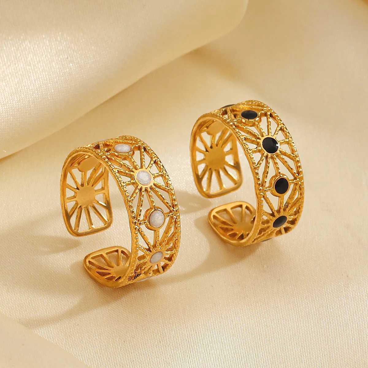 Geometric Hollow Enamel Womens Ring Adjustable Open Gold Plated Stainless Steel Luxury Quality Jewelry for EngagementW251030