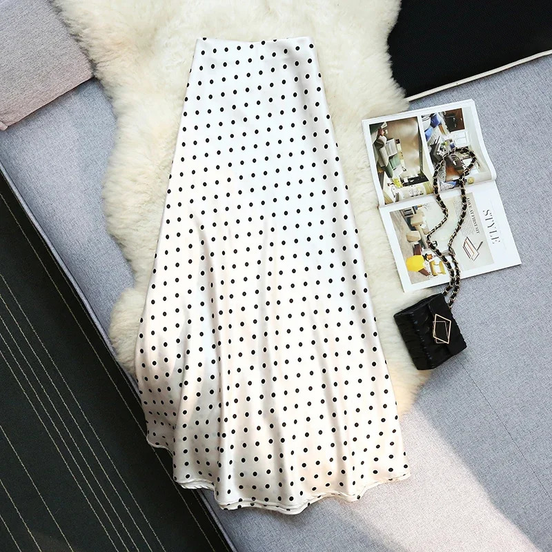 Seoulish Vintage Polka Dot Satin Mermaid Skirts for Women 2025 Spring Summer High Waist Casual Mid Length Womens Skirts 251028