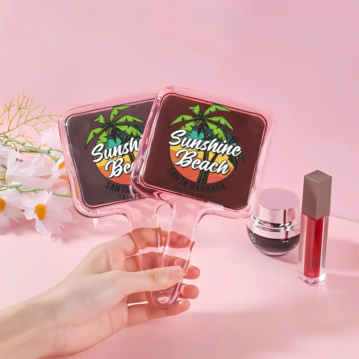 Pink Handheld Mirror, Cute Water Drop Shape Makeup Mirror with Ergonomic Handle, HD Glass for Precision Cosmetics & Touch-Ups