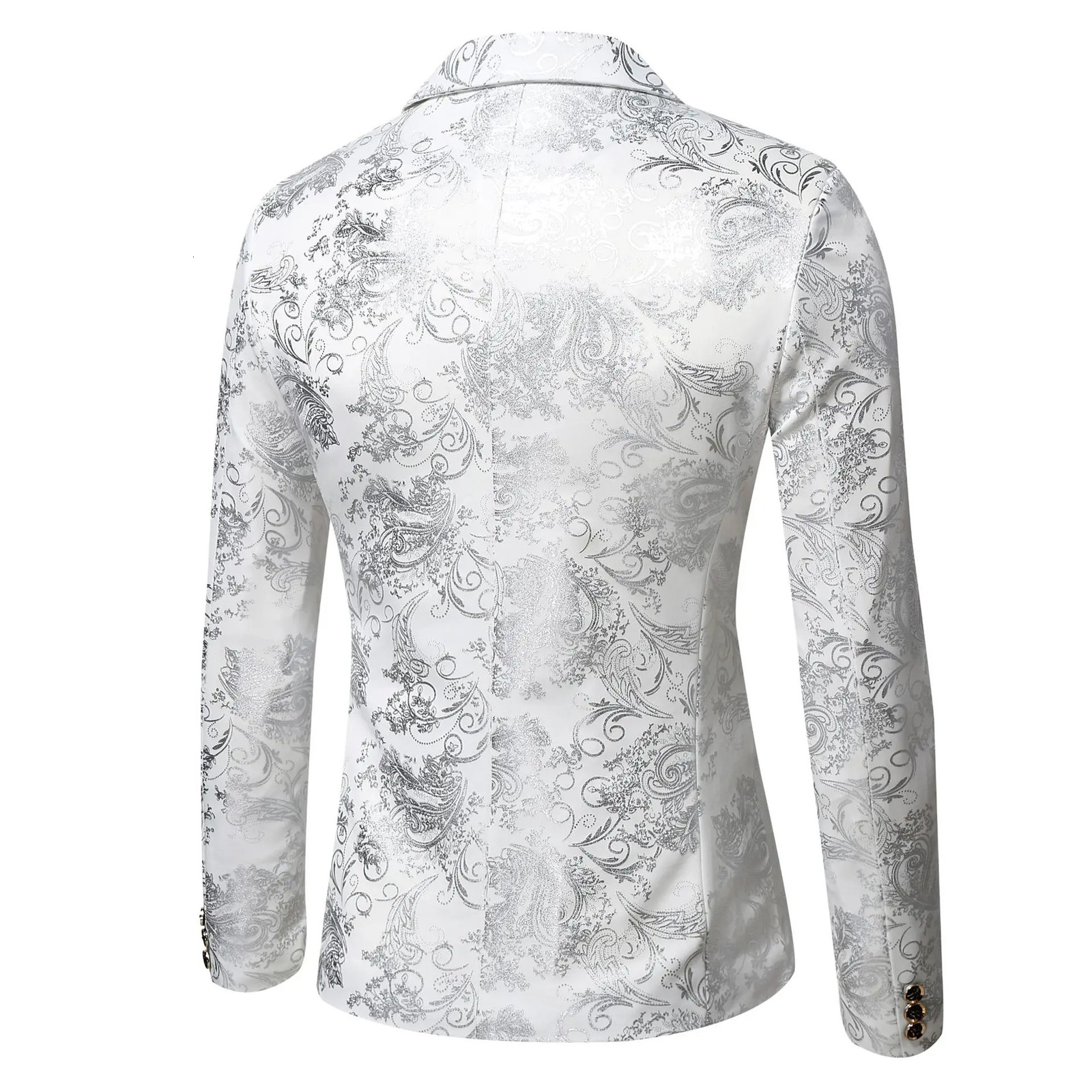 Mens Slim Fit Print Blazer Jacket Fashion Handsome Business Casual Silver Stage Show Suit Small Menswear 251028