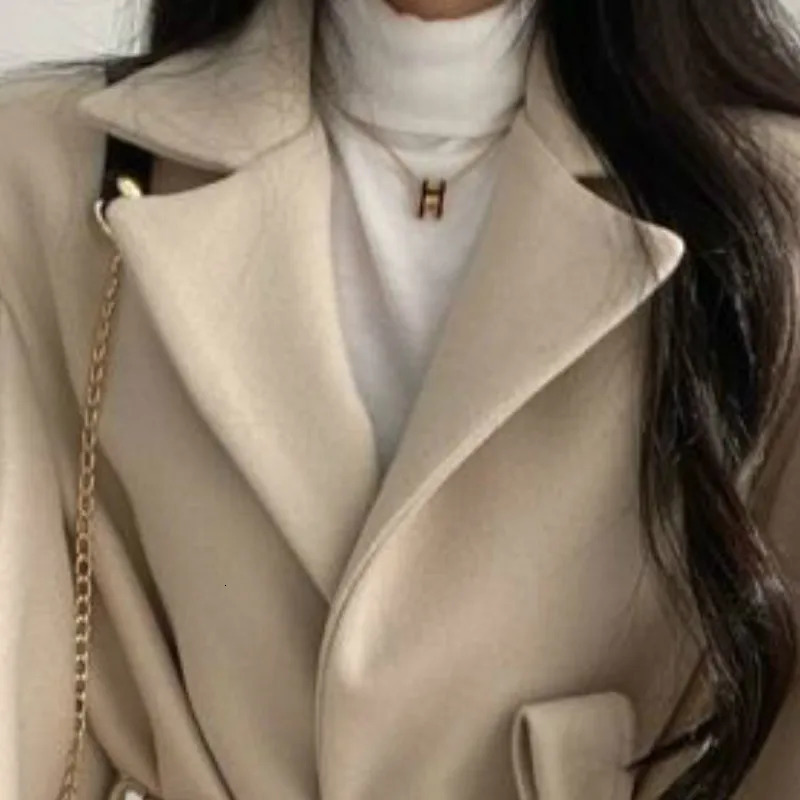 Women Solid Wool Blend Coat Slim Fit Belt Coats Female Warm Cotton Thicker Vneck Office Lady Elegant Trendy Button Outwear Ins 251028