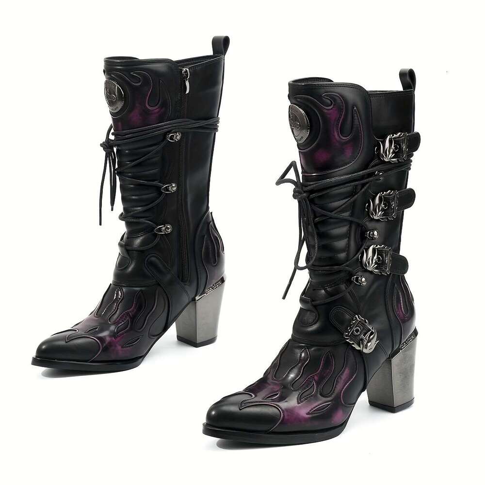 Women's Mid-Calf Faded Flame Design, Side Zipper Toe, 8.0Cm Chunky Heel, Versatile Footwear, Casual Trendy Pointed Toe Highquality Material, Dura