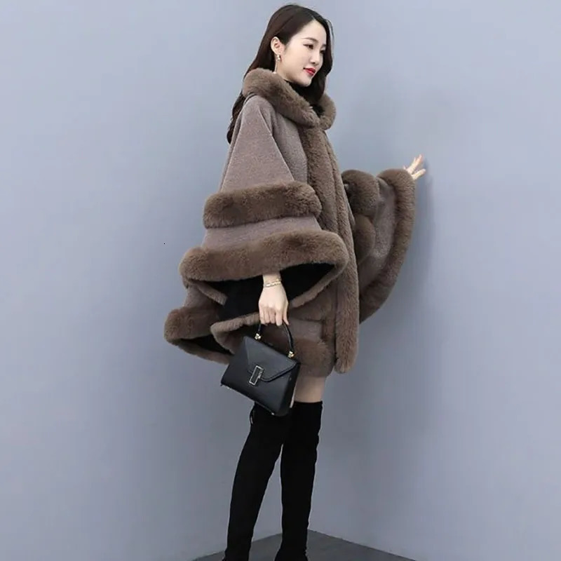 2025 Autumn Winter Fashion Loose Casual Chic Bat Sleeve Coat Woolen Hooded Shawl Big Fur Collar Warm Cape Coat Women Outwear 251029