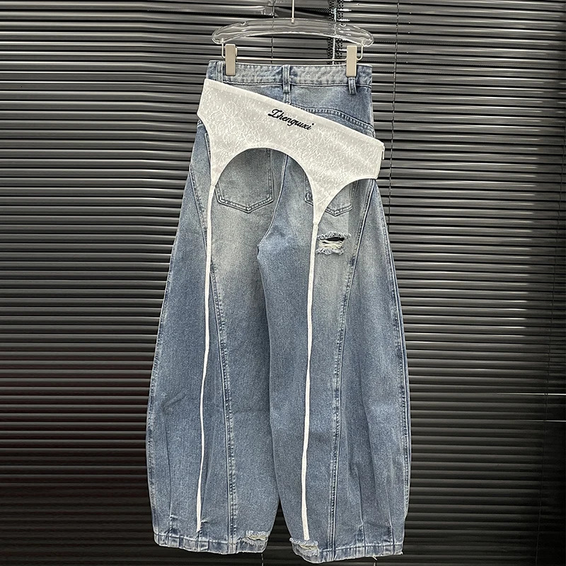 DEAT Vintage Fashion Womens Lace Waist Cover Jeans Niche High Waist Straight Wide Leg Denim Pants Female 11A04036 251029