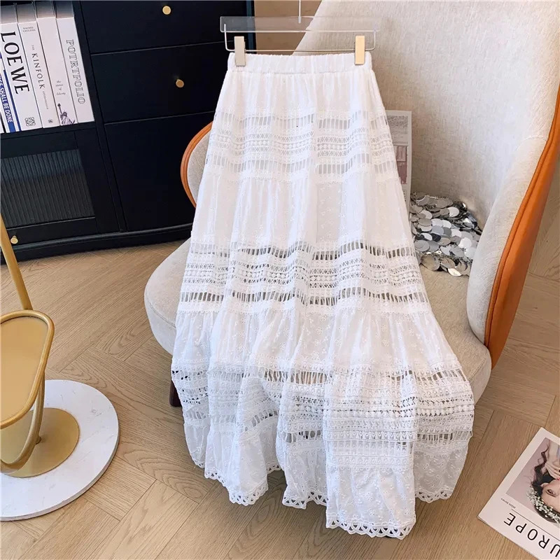 Embroidery Eyelet Cutout Maxi Skirt White Cotton Semi Sheer Flowy Long Skirt Women Boho Summer Vacation Fairycore Outfit 251028