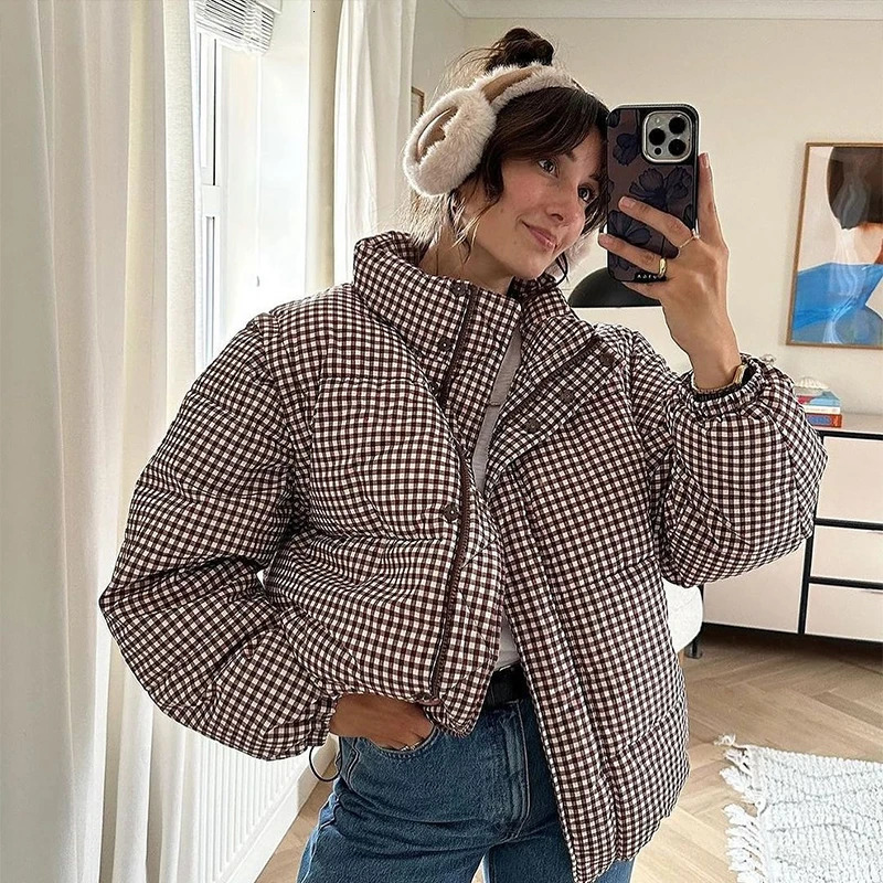 Cute Womens Plaid Padded Jacket Lapel Cotton Coat Winter Warm Oversized Full Sleeve Checked Outerwear 2025 High Street Outfit 251112