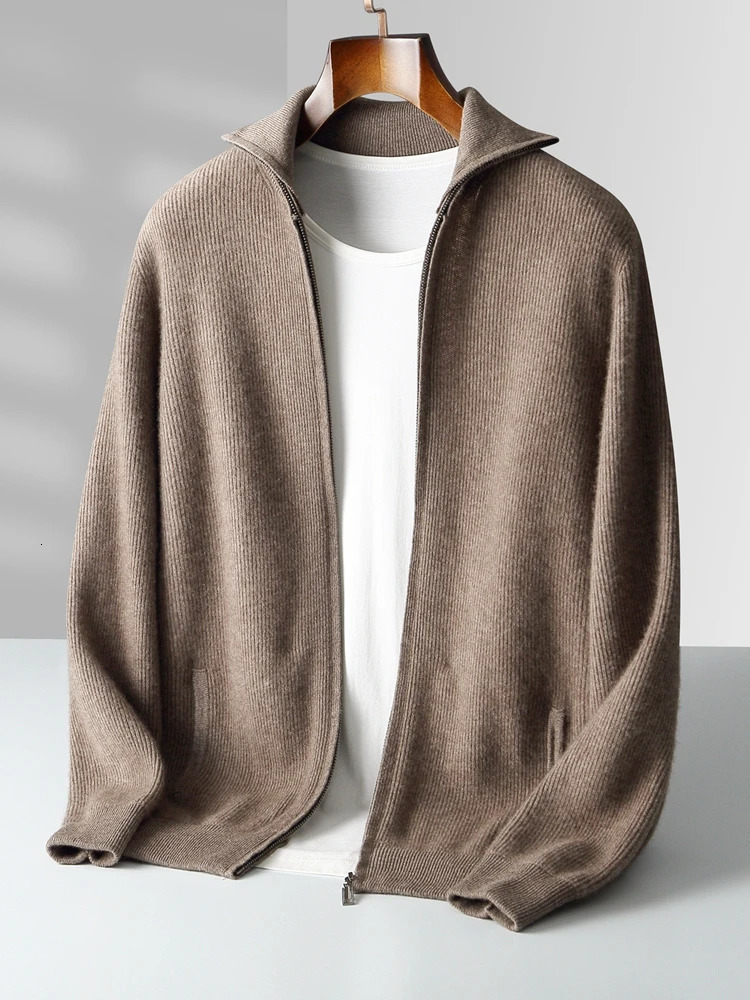 Autumn Winter 100 Merino Wool Cardigan Sweater Mens Turndown Collar Zipper Pocket Soild Smart Casual Knitwear Jackets Soft 251017