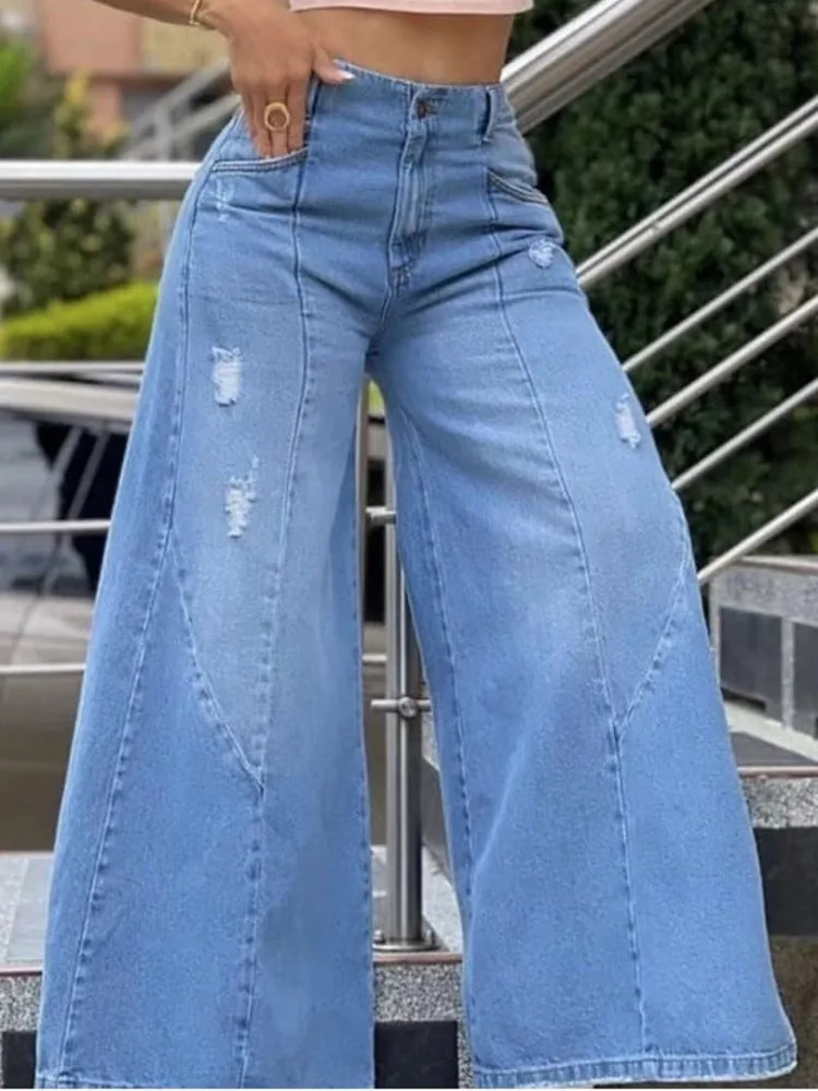 Womens High Waist Holed Wide Legged Pants Fashionable Washed Blue Micro Flared Jeans Loose and Versatile Floor Dragging Pants 251029