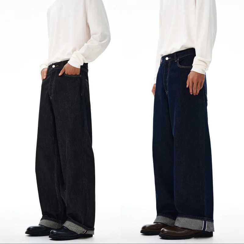2025 autumn fashion color straight leg rolled edge jeans for men loose and versatile Japanese style long pants J251030