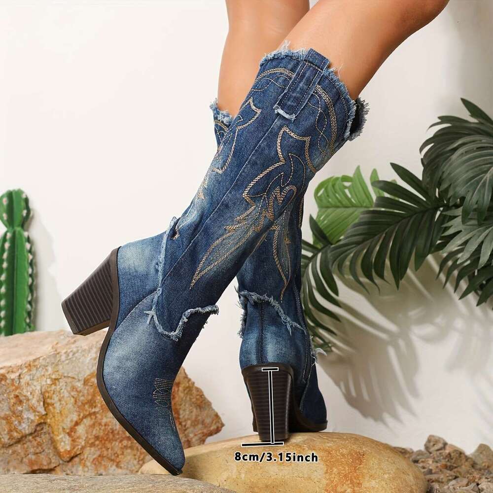 Women's -Like Blue/Black/ Golden-Tone Pointed Toe Chunky High Vintage Faux Cover-Like Texture Rubber Sole All-Season Knee-High For Country Wester